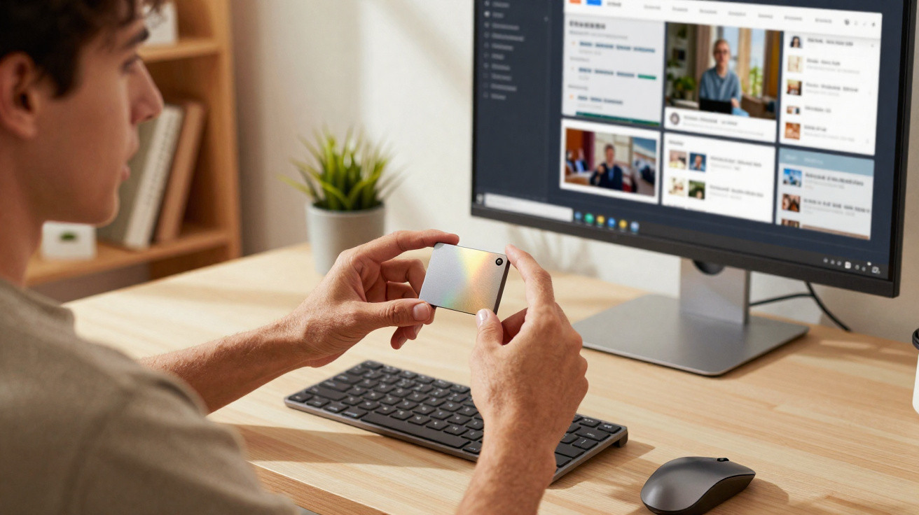 Homem segurando dispositivo pequeno e moderno diante de computador com tela exibindo vídeos e notícias.