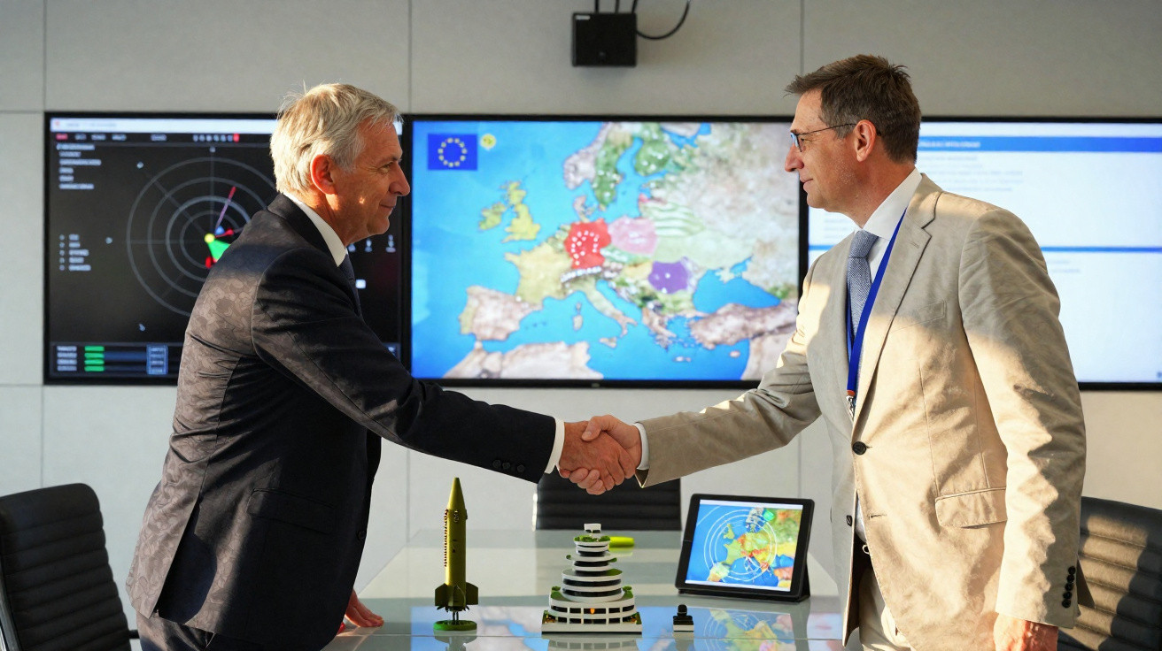 Dois homens de terno apertando as mãos em sala com mapas da Europa e modelos na mesa.