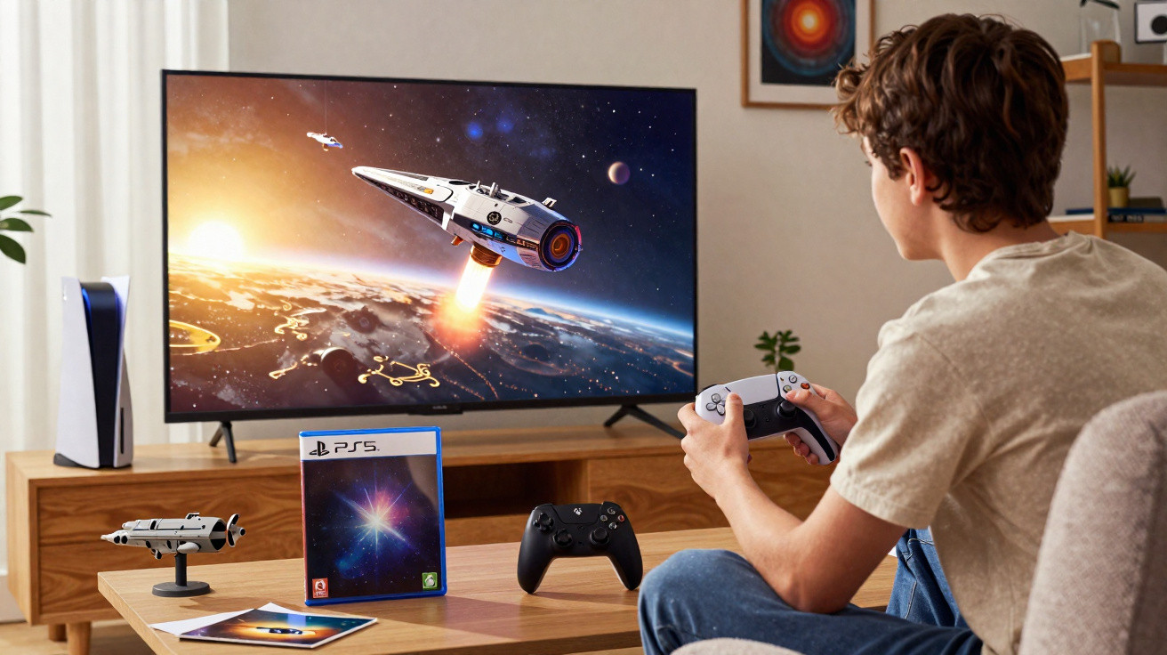 Jovem jogando videogame com joystick do PlayStation 5, com nave espacial na tela da TV.
