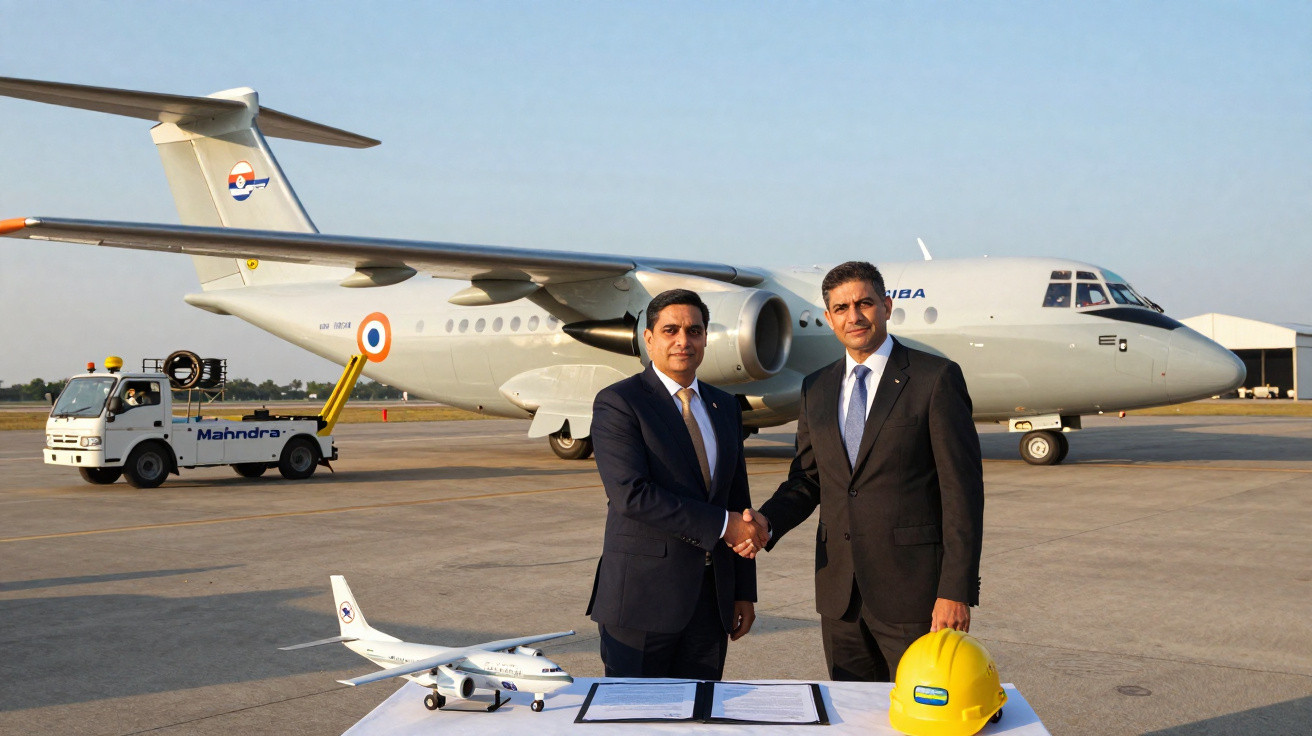 Dois homens de terno apertam as mãos em pista de aeroporto com avião ao fundo e maquete de avião na mesa.