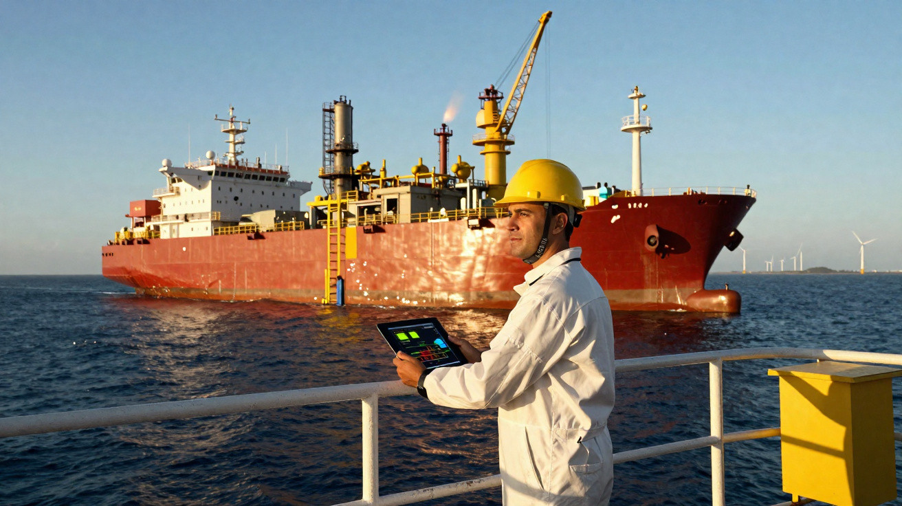 Homem com capacete amarelo e tablet observa navio petroleiro vermelho no mar ao pôr do sol.