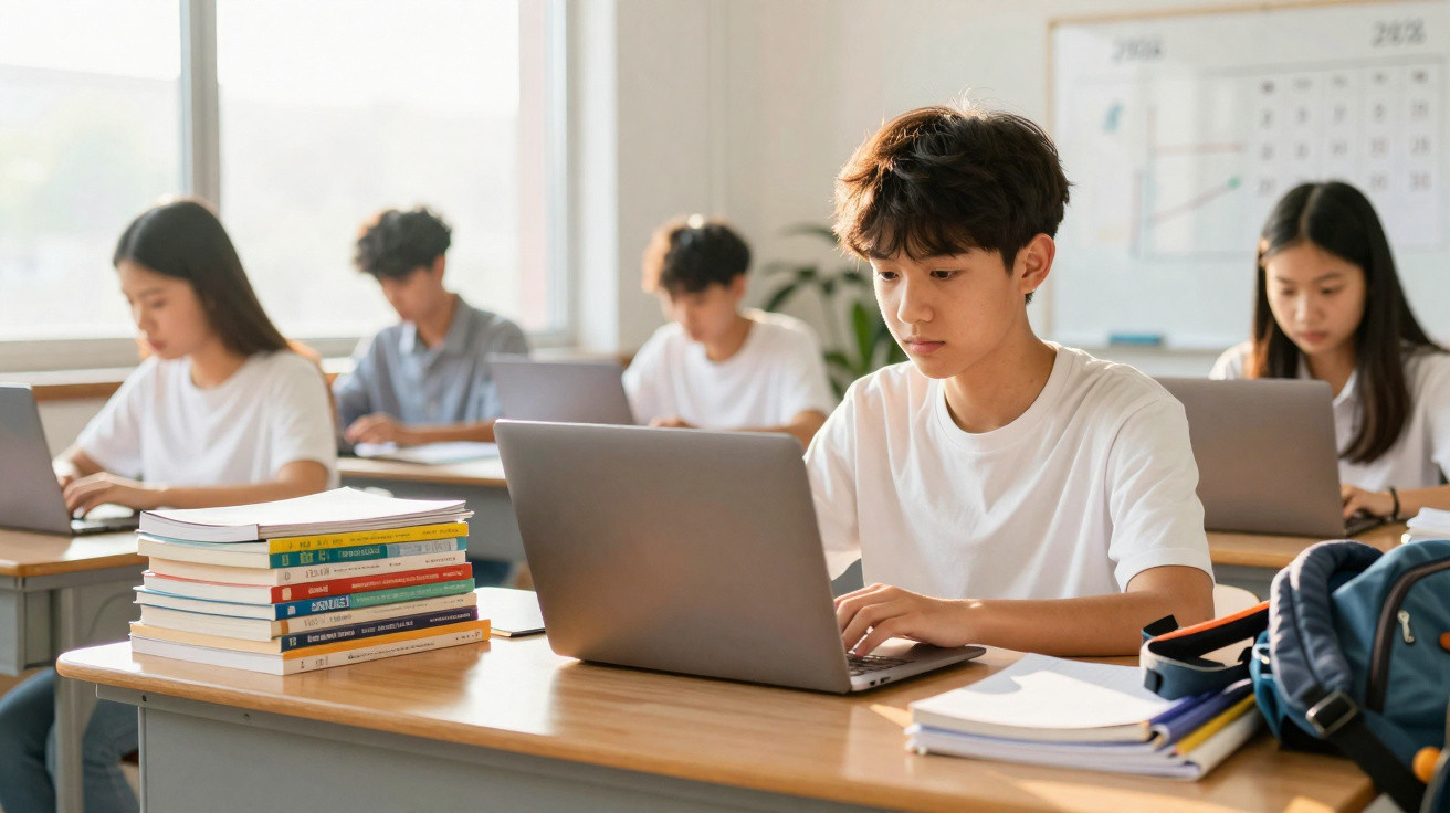 Estudantes usando laptops em sala de aula moderna com livros e mochilas nas mesas.