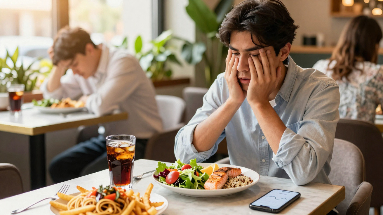Jovem sentado em restaurante com expressão cansada, apoiando o rosto nas mãos diante de prato de comida e celular.
