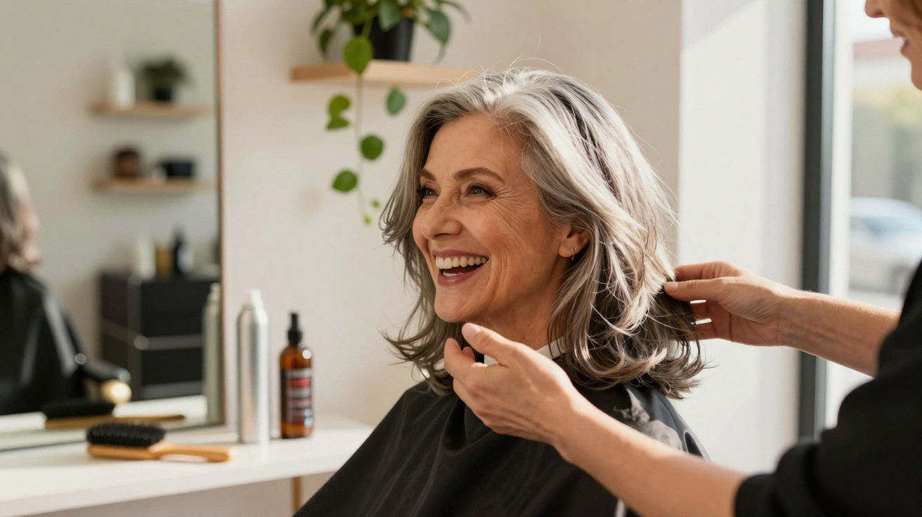 Mulher madura sorridente tendo o cabelo arrumado em salão de beleza iluminado.