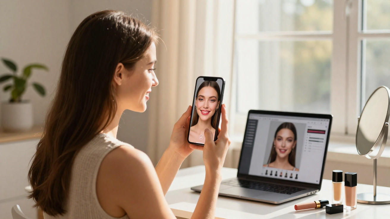 Mulher fazendo selfie com smartphone enquanto usa aplicativo de edição de fotos em laptop na mesa.