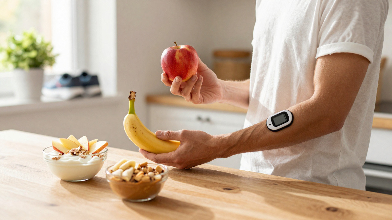 Pessoa segurando maçã e banana na cozinha com tigelas de iogurte e amendoim à frente.