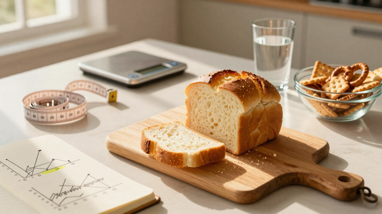 Pão fatiado em tábua com vidro de água, potes de biscoitos, fita métrica e caderno com gráficos.