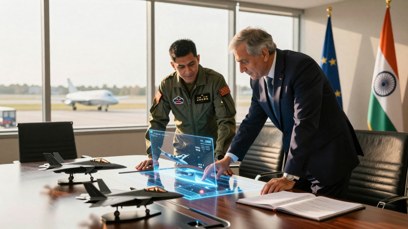 Homem em uniforme militar e executivo analisam holograma de avião em sala com maquetes e bandeiras.