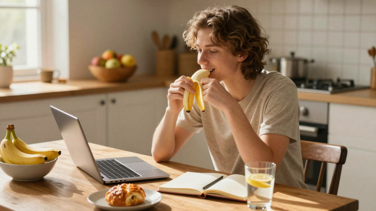 Jovem sentado em cozinha com notebook, comendo banana e livro aberto à sua frente.