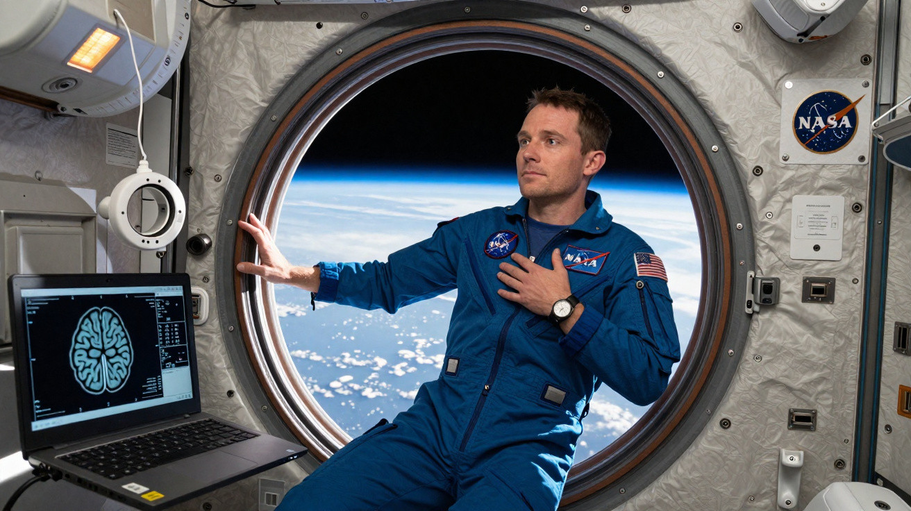 Astronauta em traje azul na Estação Espacial Internacional olhando para a Terra pela janela circular.