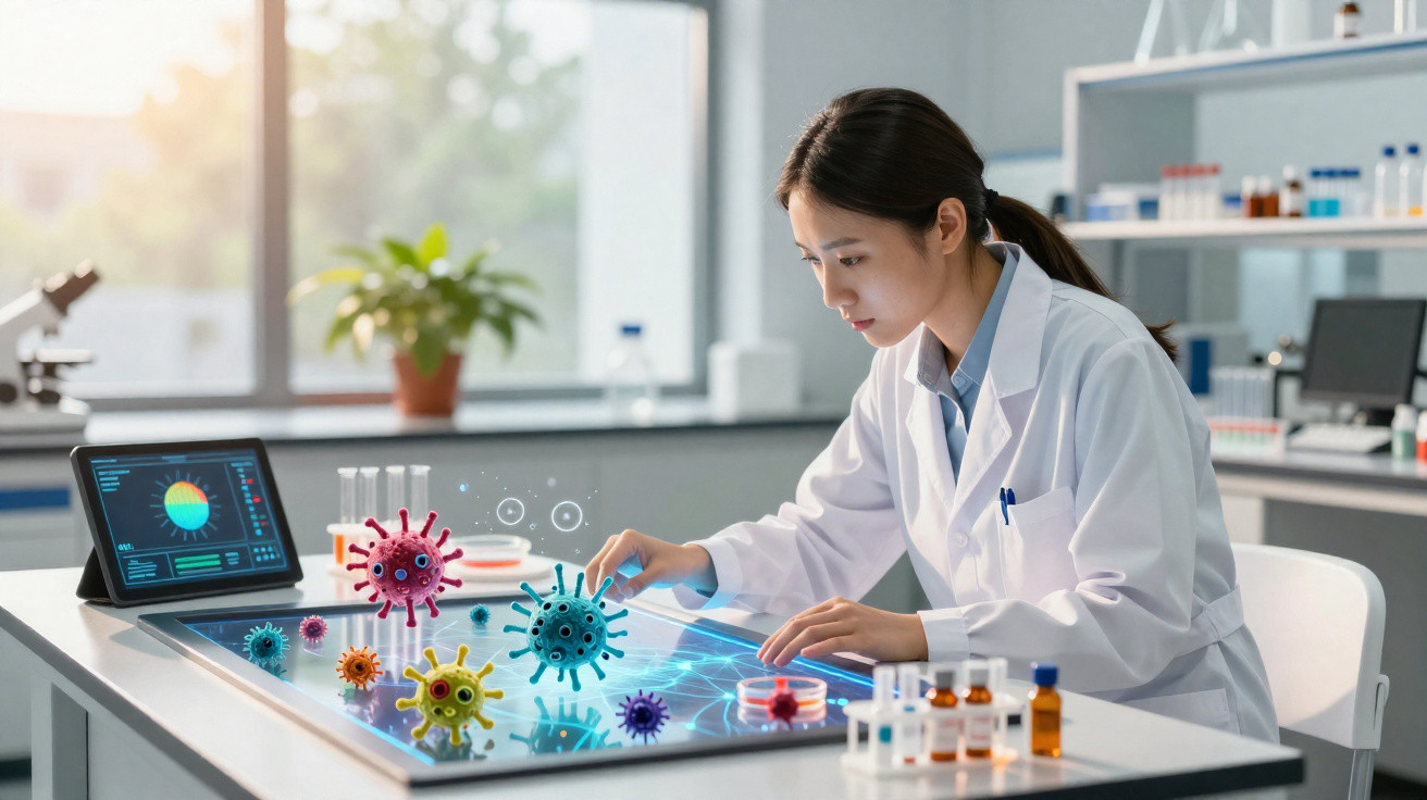 Cientista mulher em laboratório analisando vírus coloridos em mesa digital interativa com gráficos científicos.