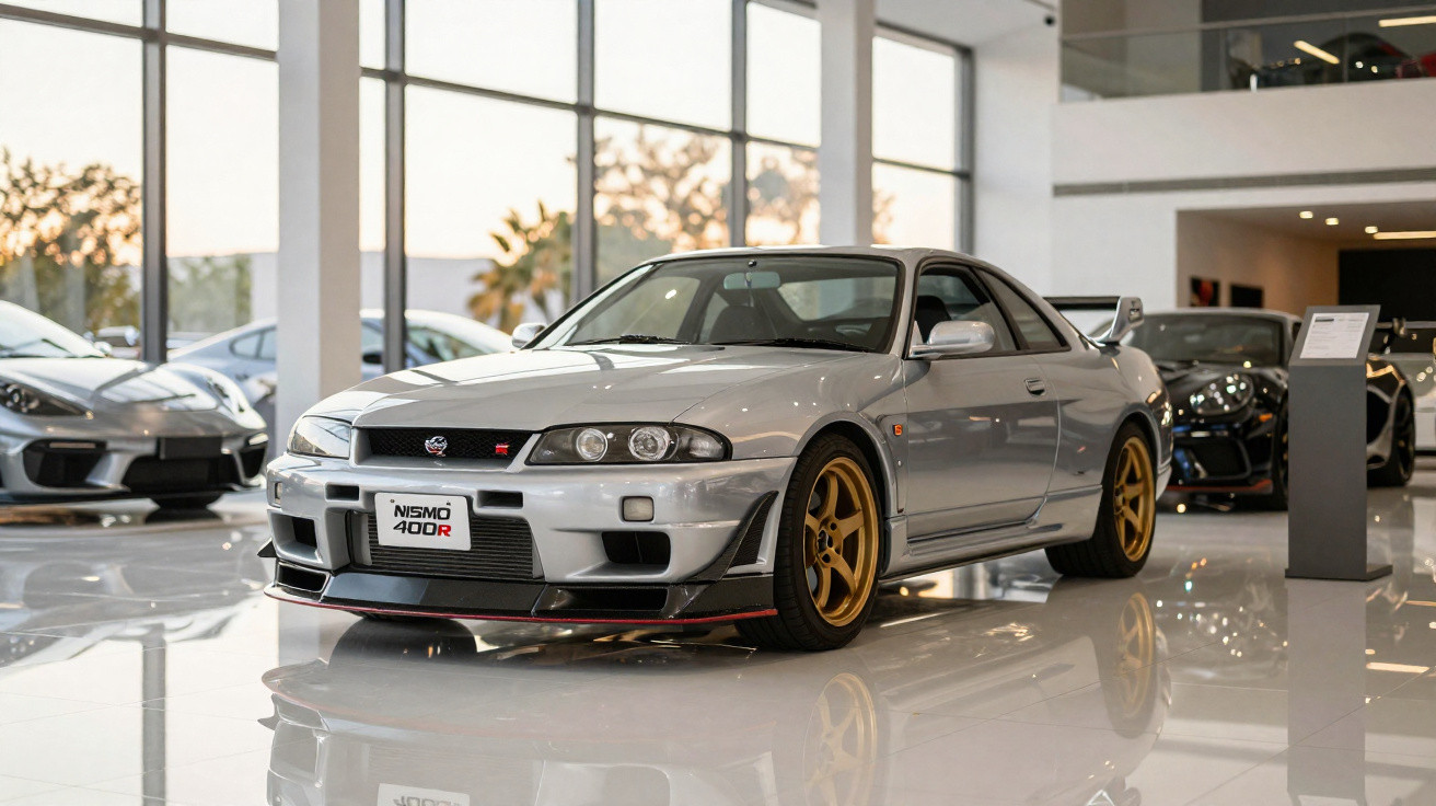 Carro esportivo prata Nissan Nismo 400R com rodas douradas exposto em showroom moderno.