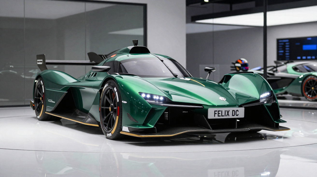 Carro esportivo verde metálico com design aerodinâmico exposto em ambiente interno moderno.
