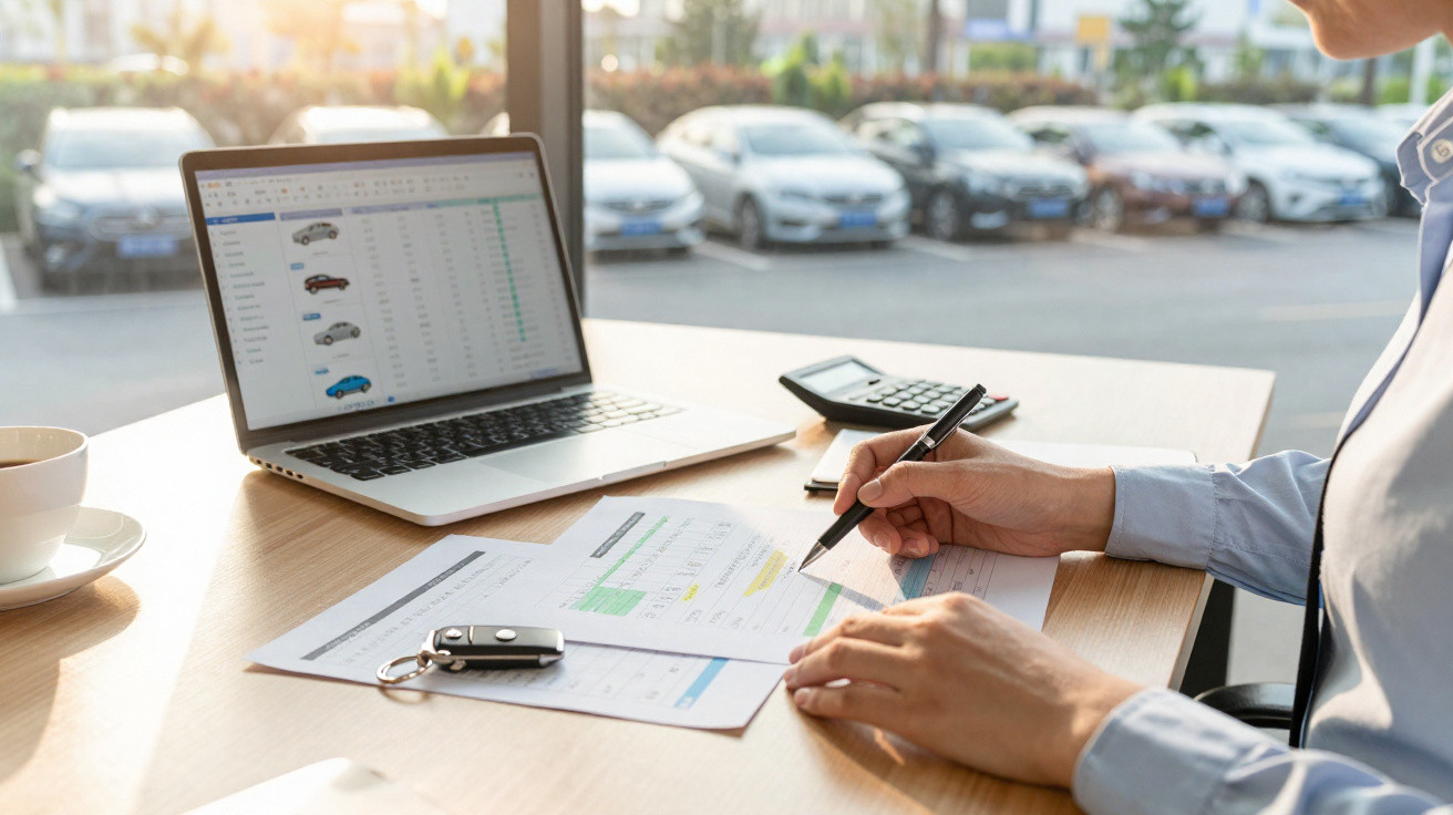 Pessoa analisando documentos e planilhas de carros em laptop, com chave, caneca e calculadora numa mesa.