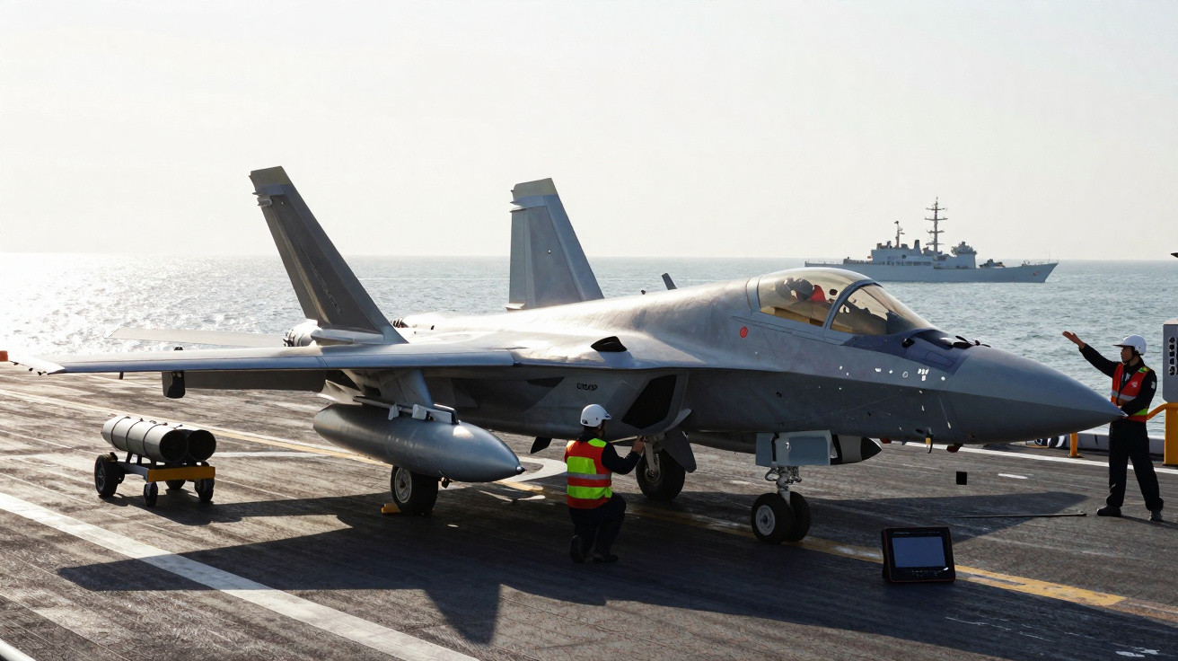 Caça militar cinza sobre porta-aviões com dois tripulantes em coletes refletivos próximos ao avião.