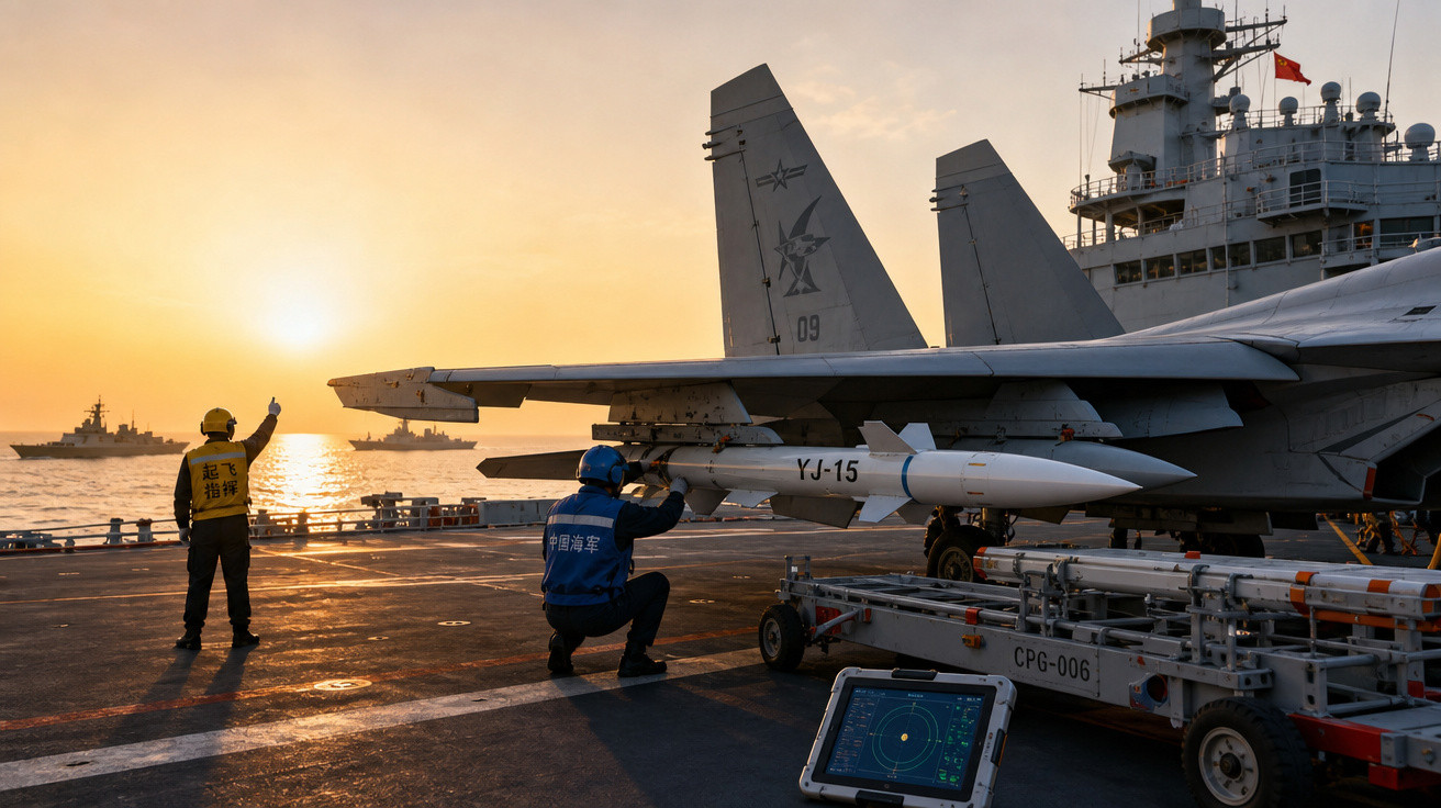 Equipe militar prepara avião de combate em porta-aviões ao pôr do sol com navios no horizonte.