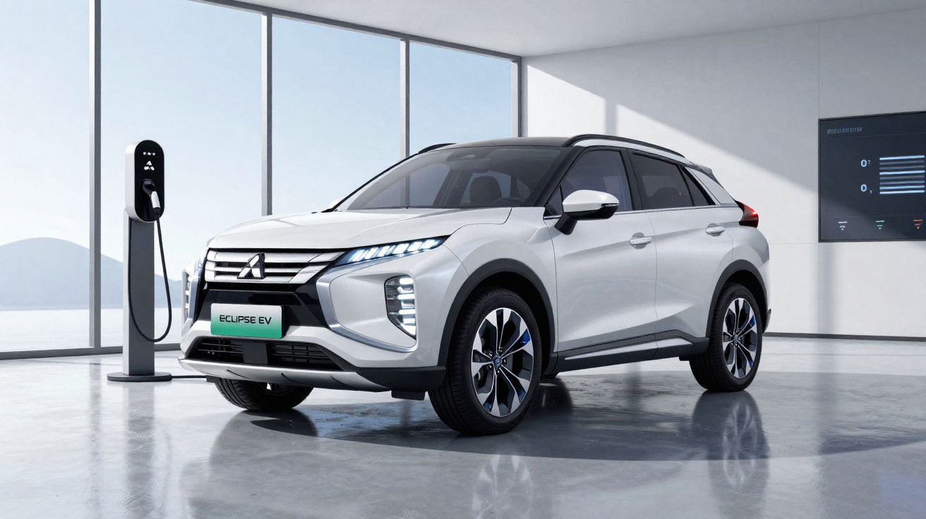 SUV elétrico branco Mitsubishi Eclipse EV estacionado ao lado de um carregador em ambiente moderno e iluminado.