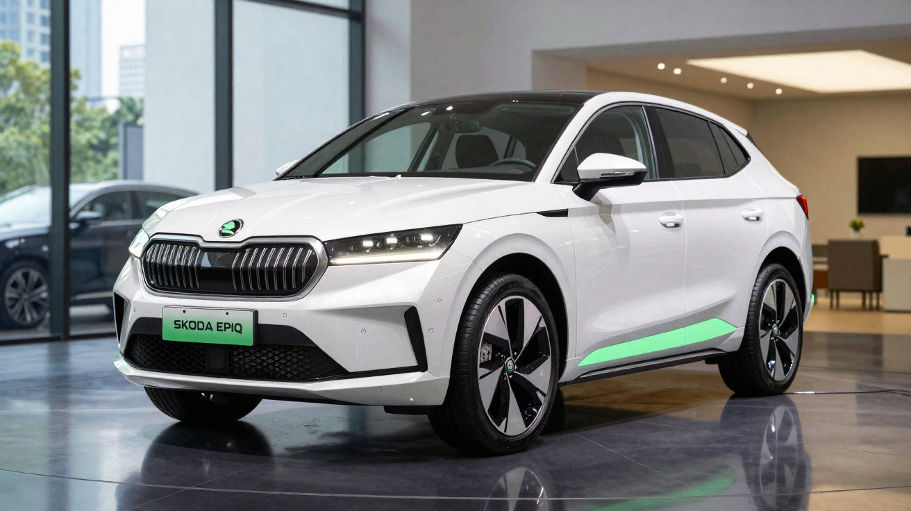 Carro elétrico branco Skoda Epiq estacionado em showroom moderno com piso brilhante e janelas grandes.
