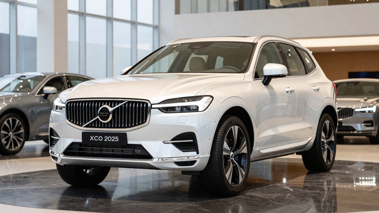 Carro SUV Volvo XCO 2025 branco em exposição dentro de showroom moderno.