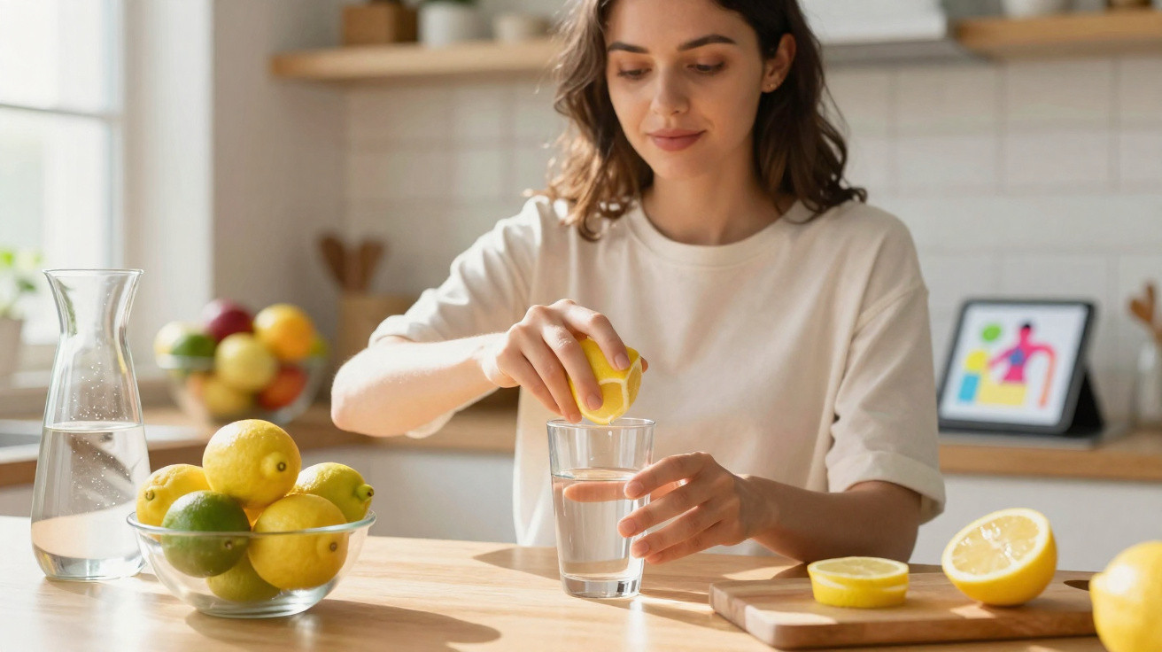 Mulher espremendo limão em copo de água na cozinha, com frutas e jarra sobre a mesa.
