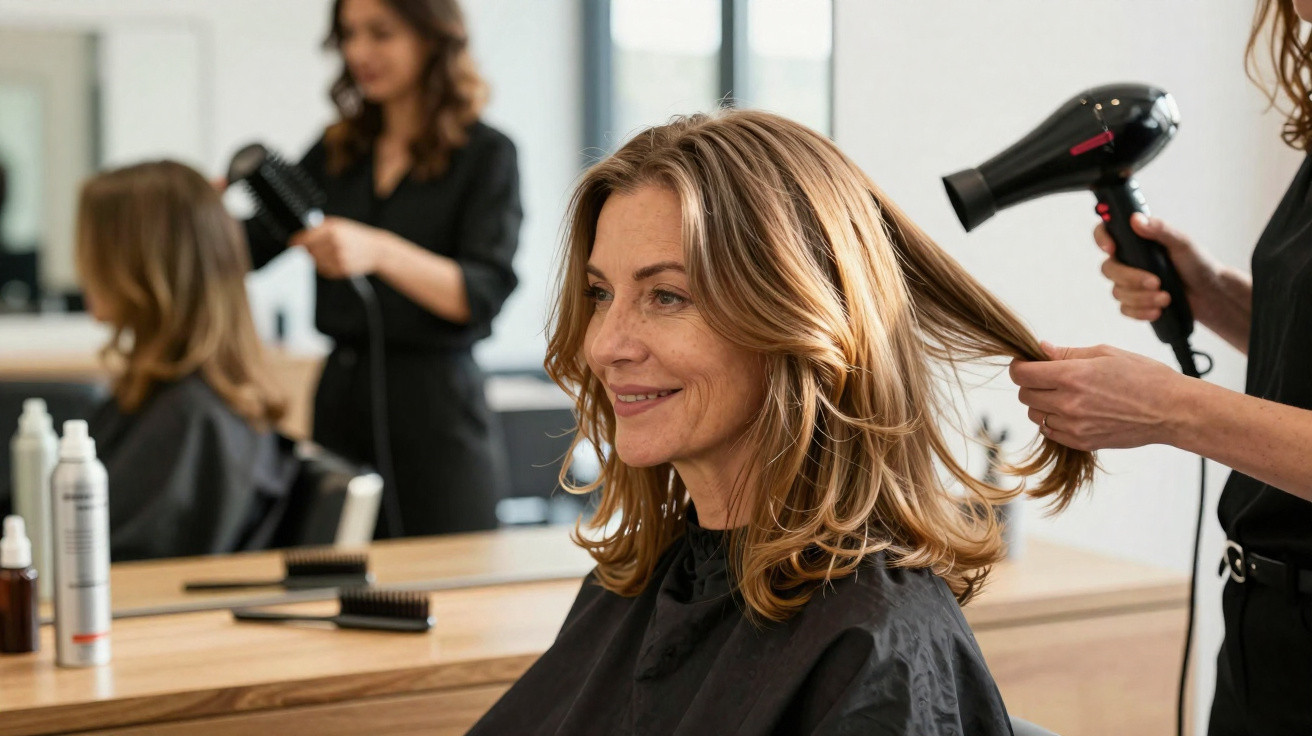 Mulher sorrindo enquanto cabeleireira seca seu cabelo em salão moderno e iluminado.