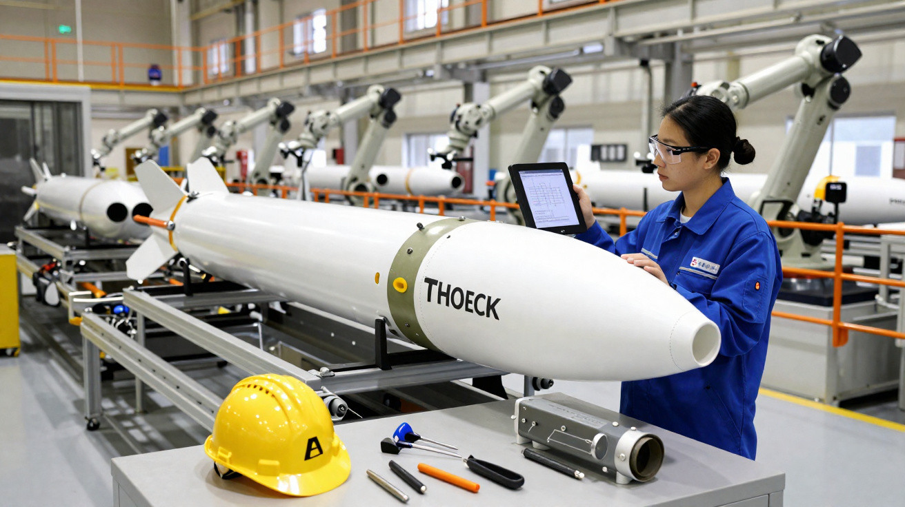 Mulher com jaleco azul e óculos de proteção manuseia tablet ao lado de míssil branco em fábrica industrial.