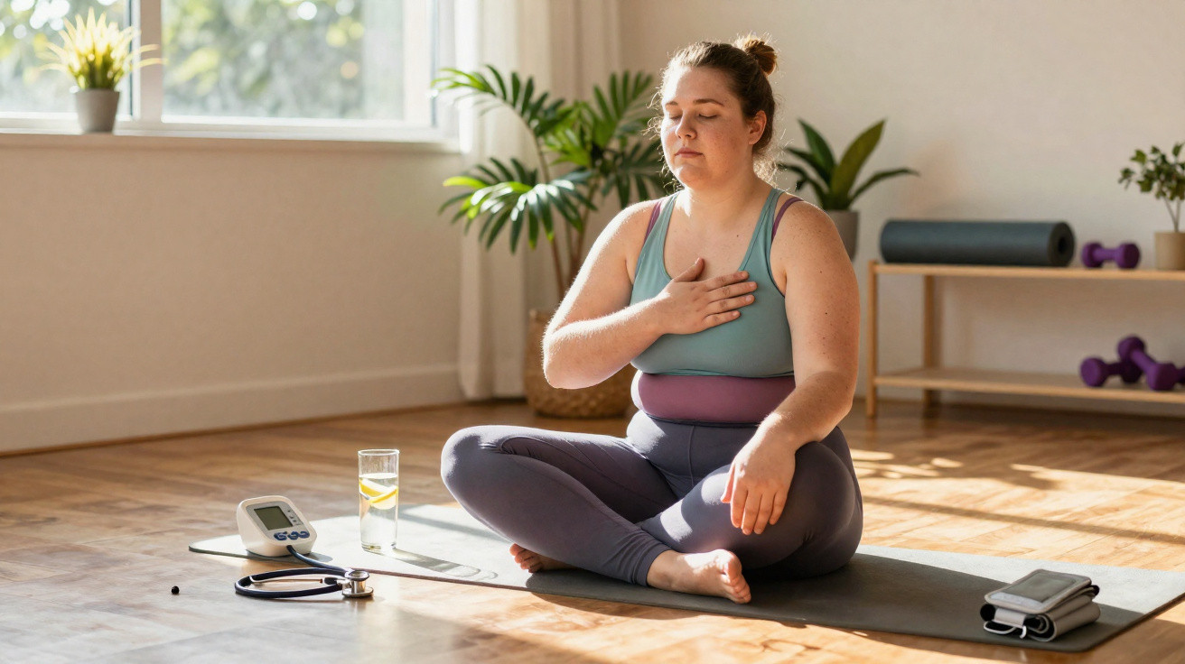 Mulher sentada em posição de meditação com mão no peito, em ambiente iluminado e equipamentos médicos ao lado.