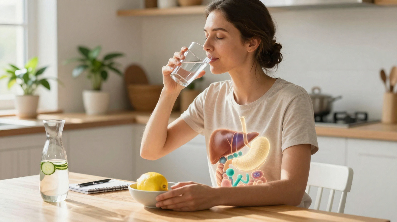 Mulher bebendo água em cozinha com ilustração do sistema digestivo sobre o corpo dela.