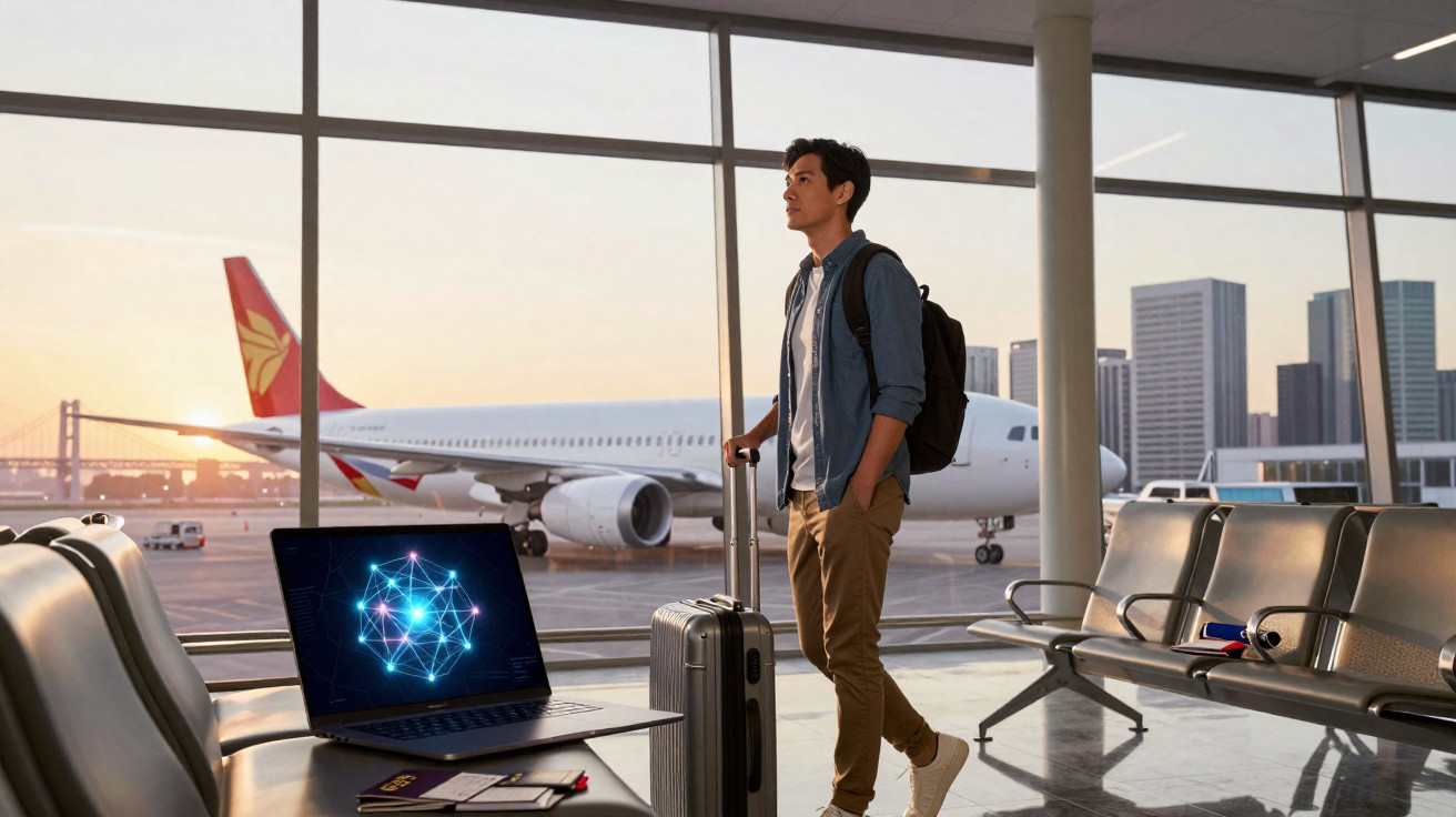 Jovem com mochila e mala de viagem na sala de embarque, com avião ao fundo e notebook aberto sobre cadeira.