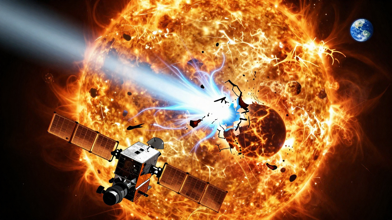 Ilustração de satélite observando explosão solar intensa com Terra ao fundo no espaço.