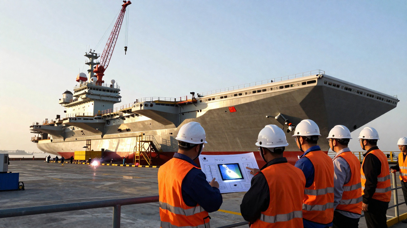 Equipe de engenheiros com coletes e capacetes inspeciona projeto próximo a grande navio militar atracado.