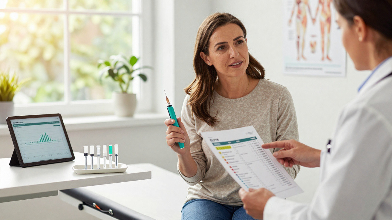 Mulher discutindo resultados médicos com profissional de saúde em consultório iluminado.