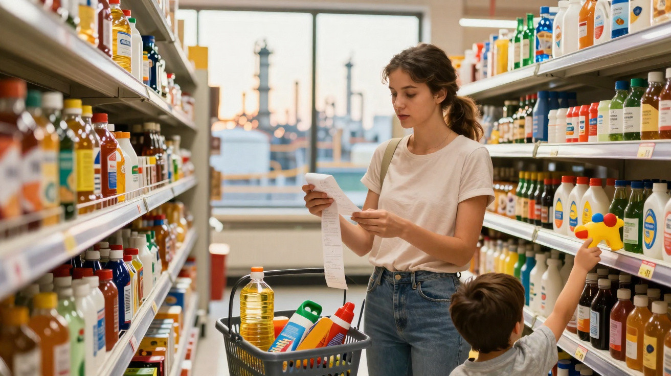 Mulher com criança faz compras em supermercado, checando lista enquanto escolhe produtos nas prateleiras.