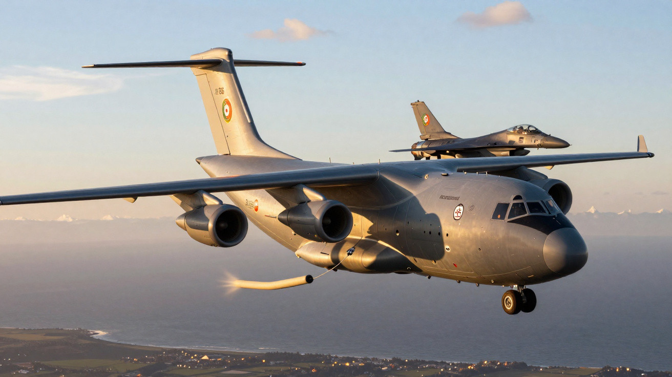 Avião cargueiro militar voando com um caça sobre a asa em horizonte costeiro ao entardecer.