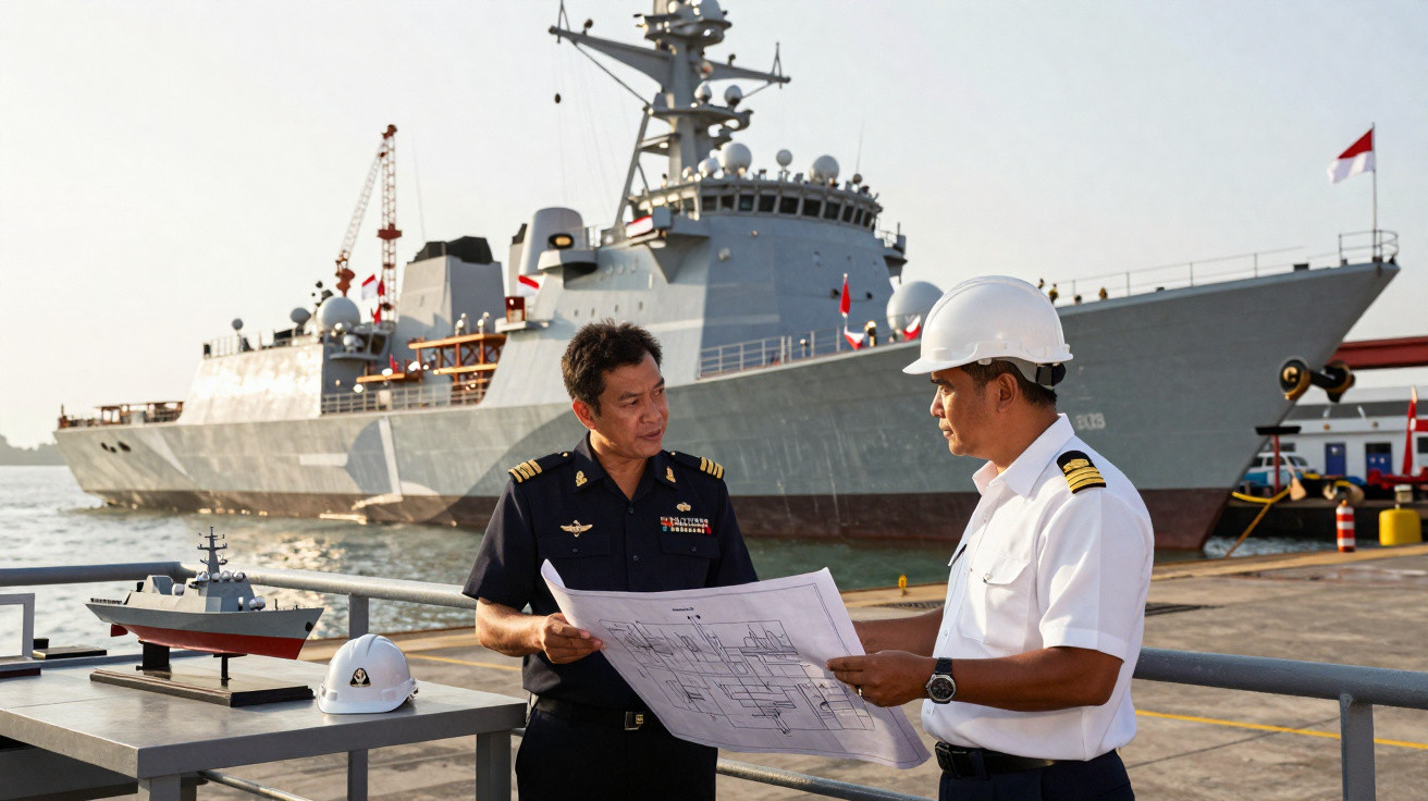Dois homens com uniformes navais discutem plantas em um porto, com navio de guerra ao fundo.