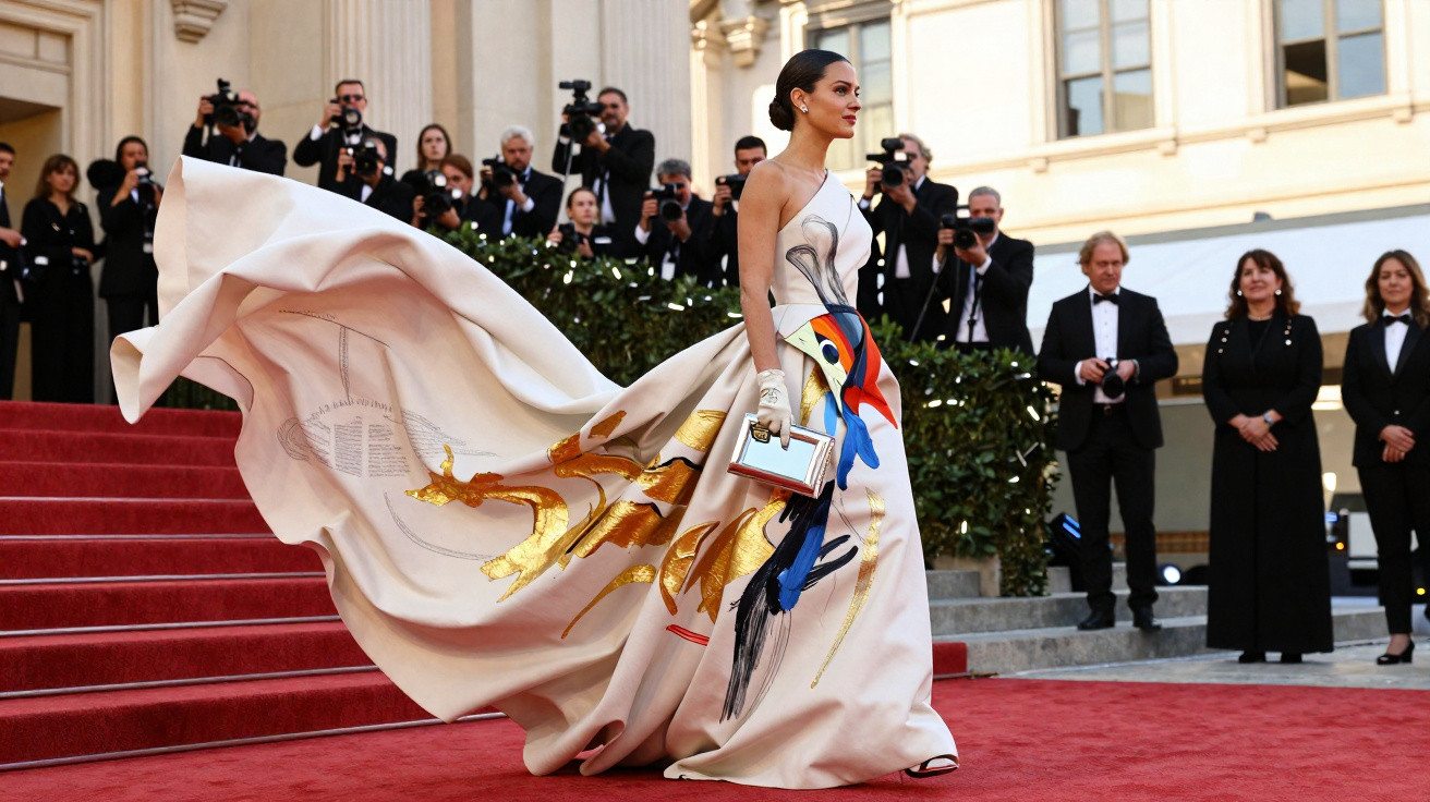 Mulher elegante em vestido longo com estampa colorida e cauda esvoaçante no tapete vermelho, cercada por fotógrafos.
