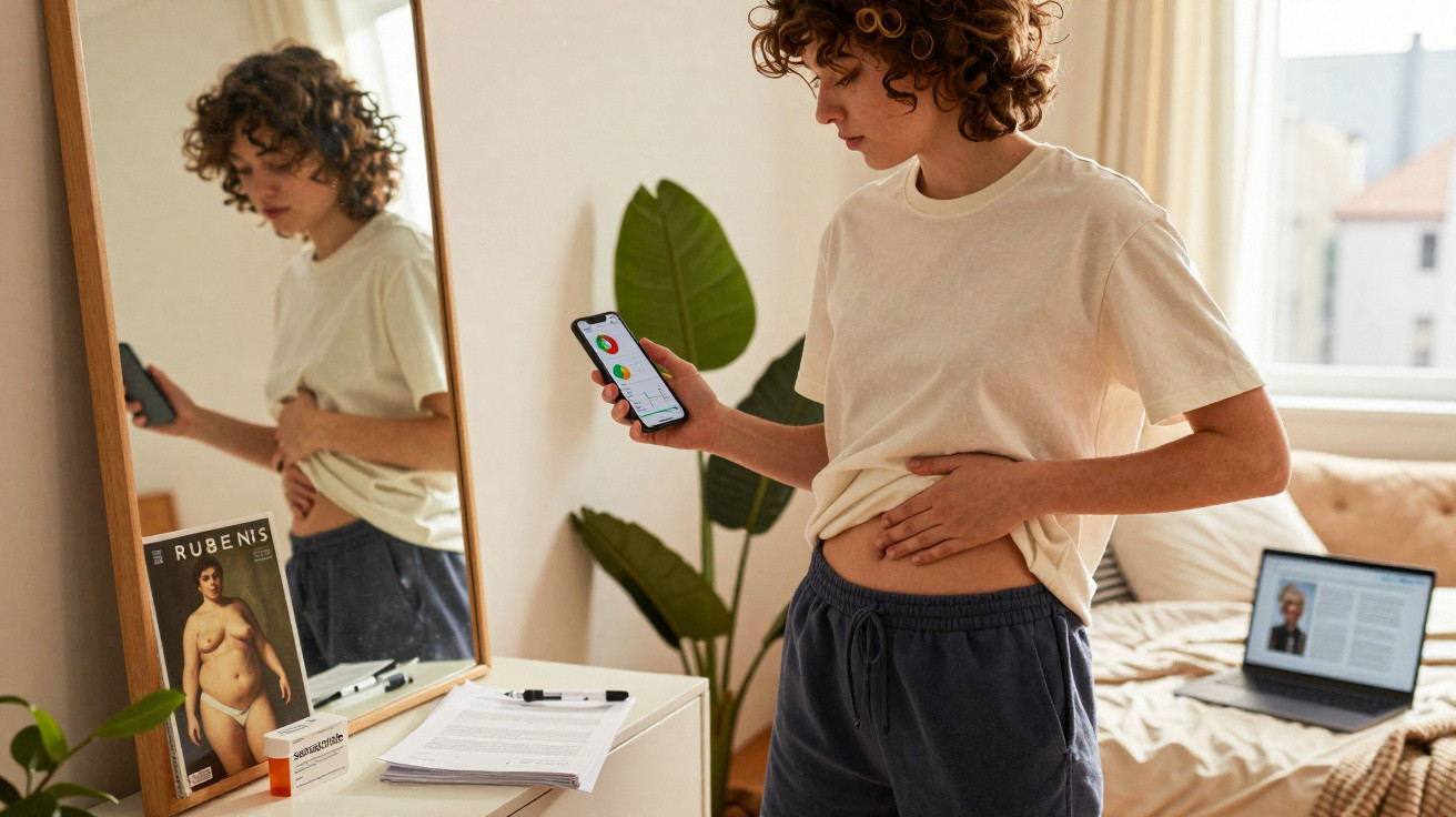 Pessoa olhando para a barriga e segurando celular com aplicativo de saúde diante de espelho em quarto iluminado.