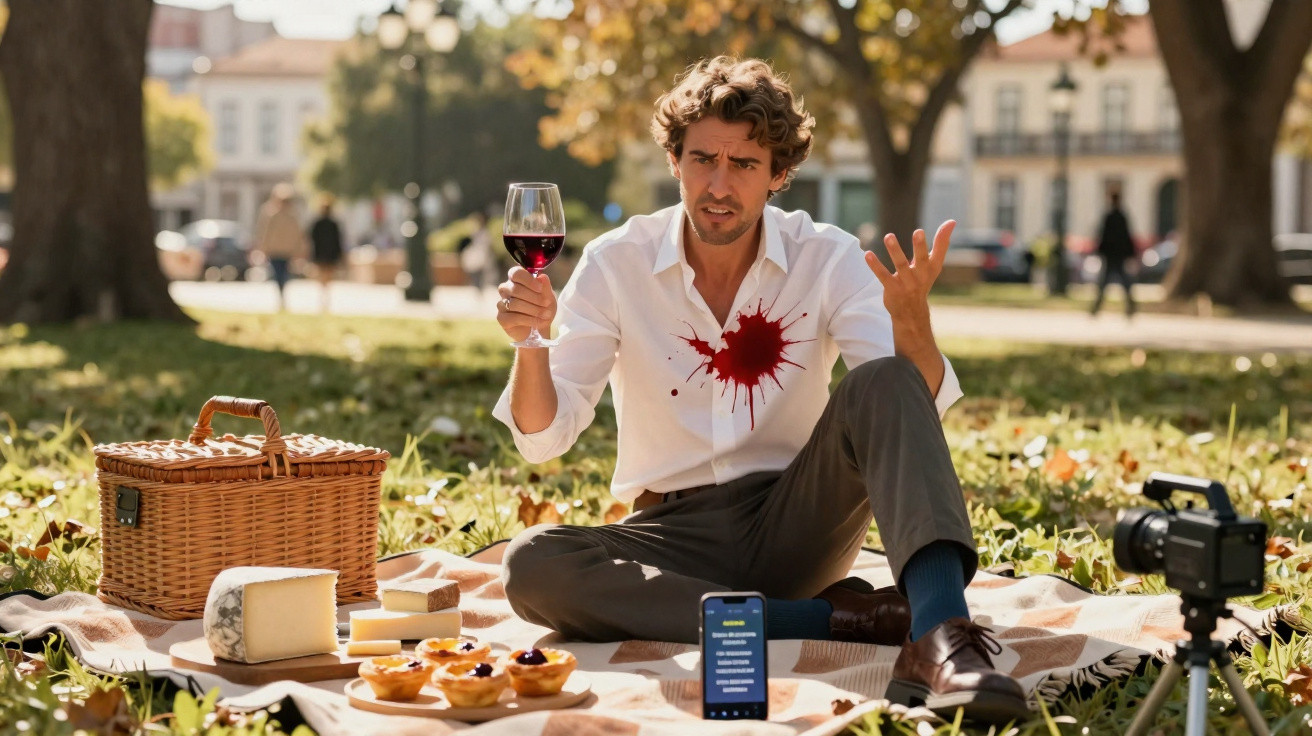Homem em piquenique no parque com vinho derramado na camisa branca, expressão confusa.