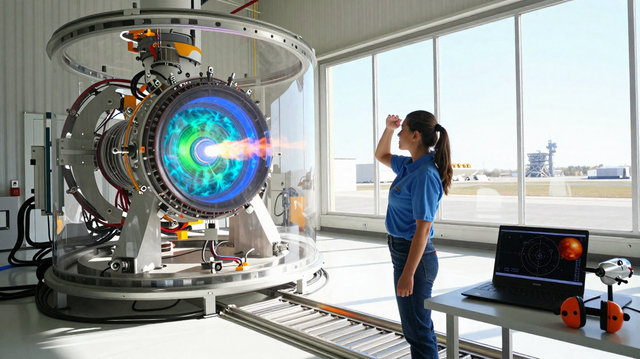 Mulher observa turbina de jato experimental em laboratório moderno com computador ao lado.