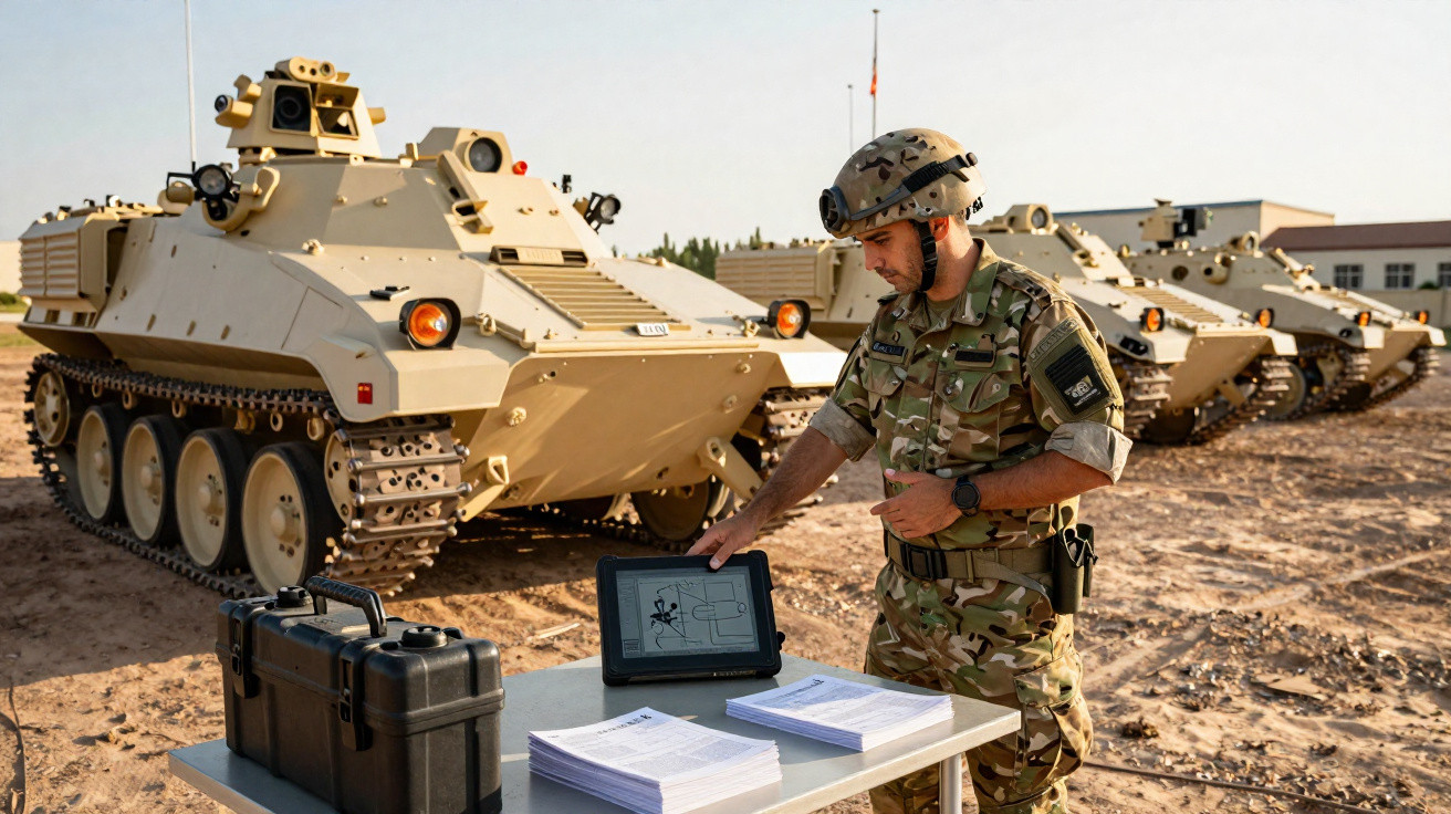 Soldado em uniforme camuflado usando tablet ao lado de veículos militares blindados estacionados na área aberta.