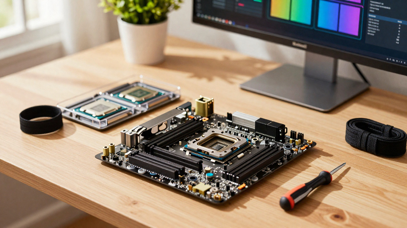 Placa-mãe para computador sobre mesa de madeira com processadores e ferramentas ao redor.