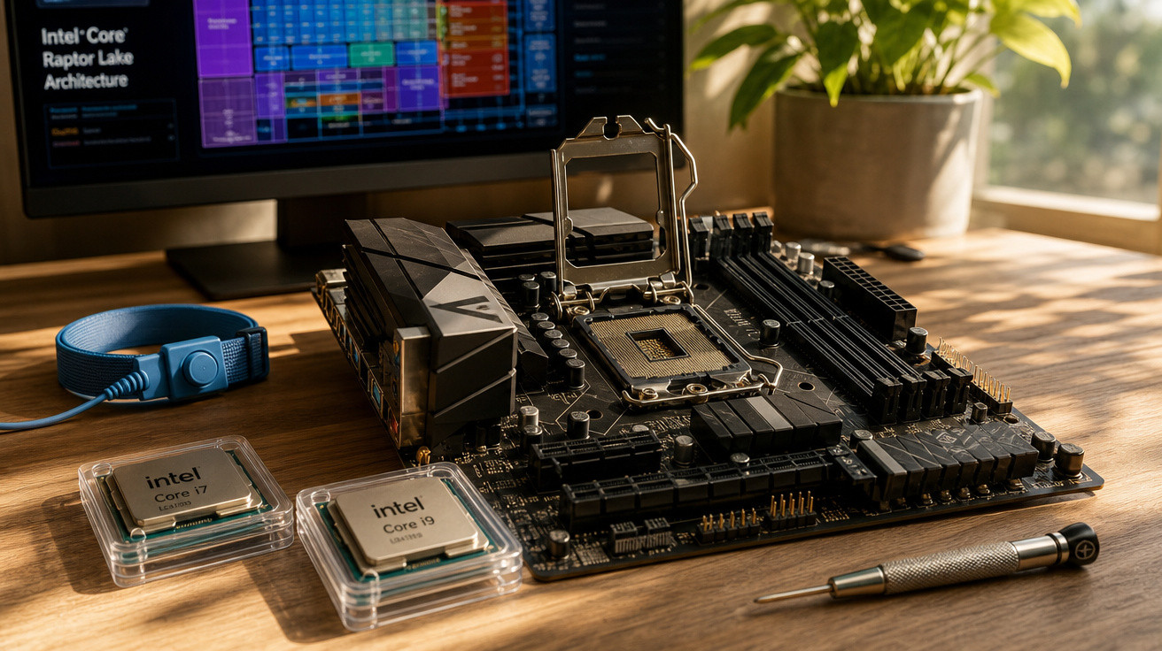 Placa-mãe, dois processadores Intel Core i7 e i9, pulseira antiestática e chave de fenda sobre mesa de madeira.