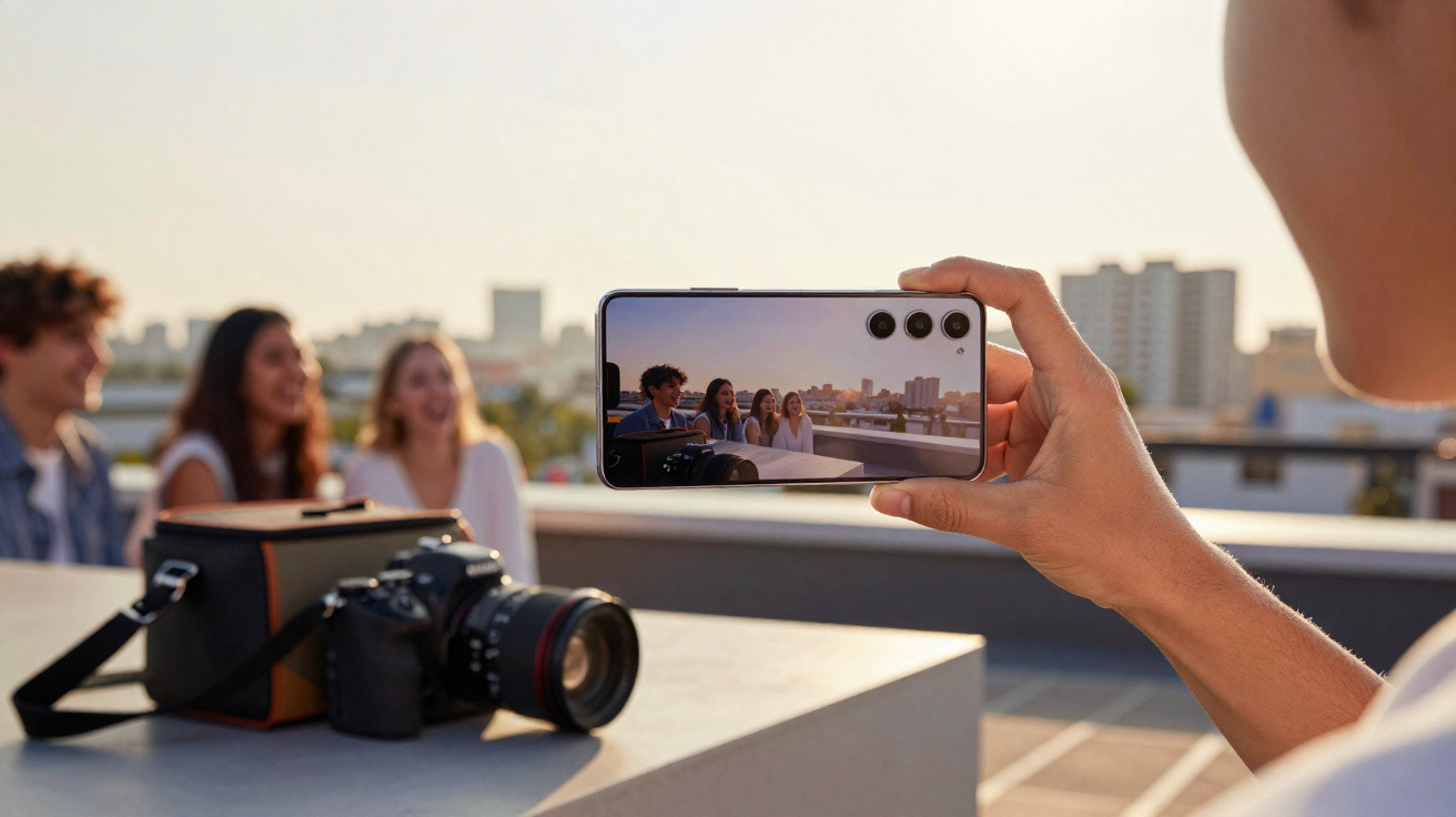 Pessoa segurando celular para tirar foto de grupo em área externa, com câmera profissional ao lado.