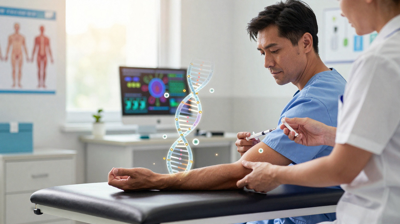 Profissional de saúde aplicando vacina em paciente com ilustração digital de DNA ao fundo.