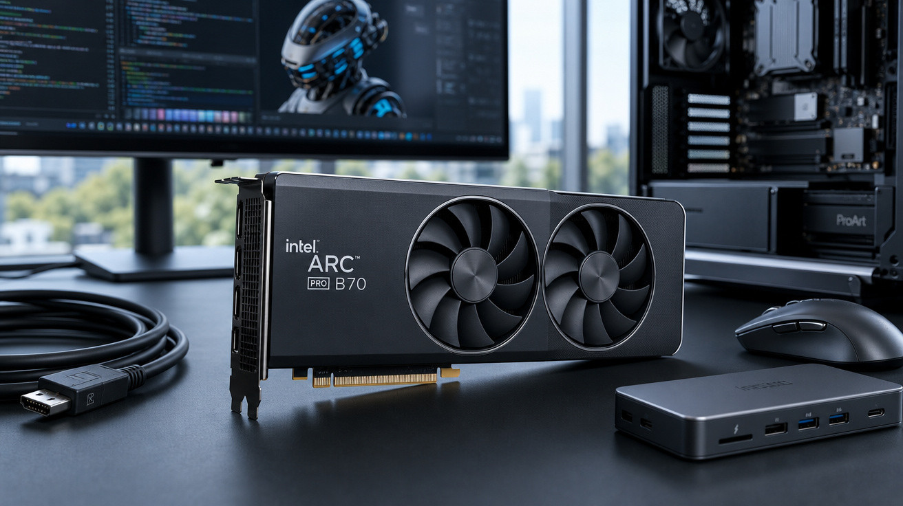Placa de vídeo Intel ARC Pro B70 com cabo, mouse e dock conectados em mesa diante de monitor com programação.