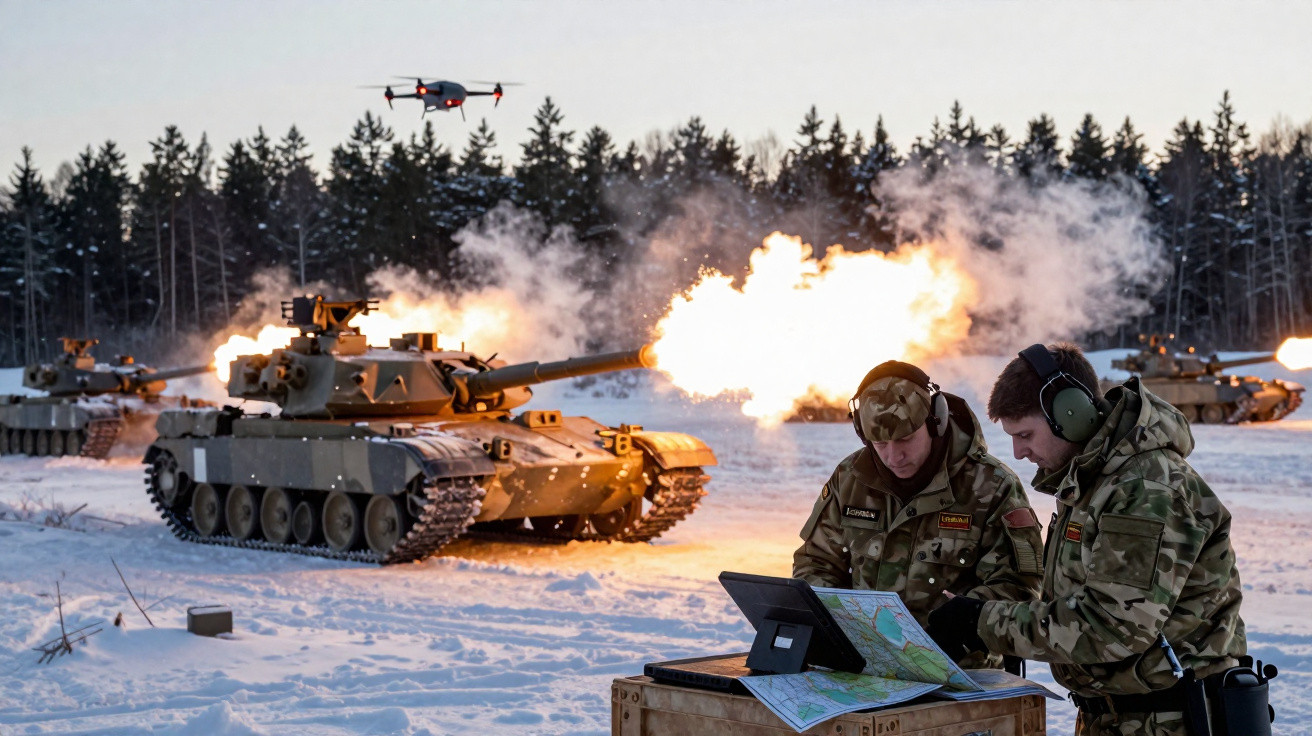 Dois soldados em roupas camufladas operam equipamentos de mapas na neve enquanto tanques disparam ao fundo.
