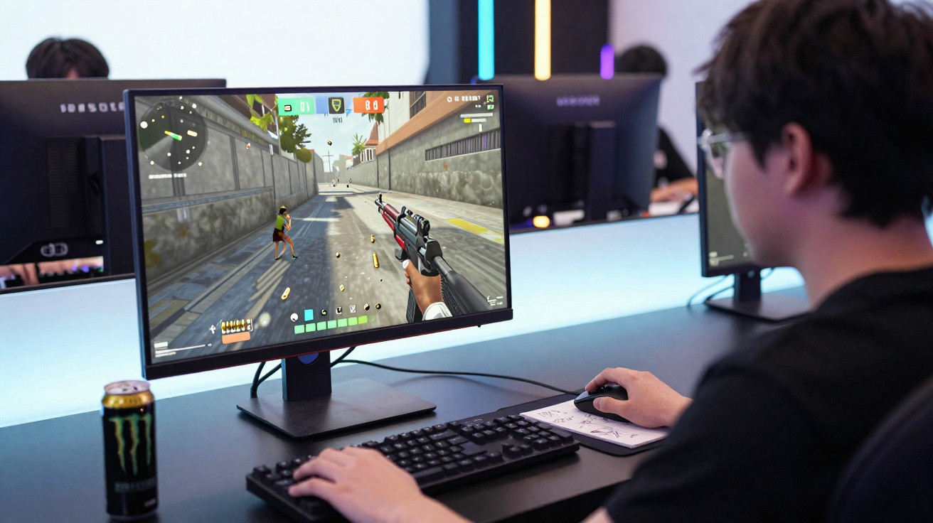 Pessoa jogando jogo de tiro em primeira pessoa em computador com bebida ao lado em ambiente moderno.