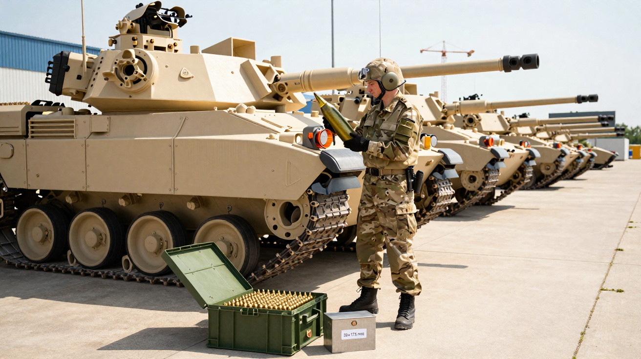 Soldado em uniforme camuflado segurando munição próximo a tanques militares alinhados em área externa.
