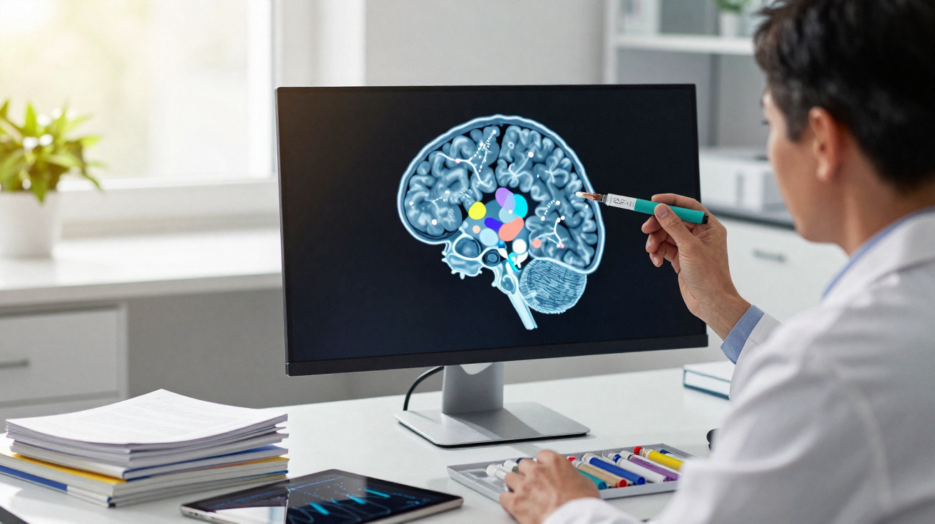 Médico analisando imagem digital do cérebro humano em monitor de computador em ambiente clínico.