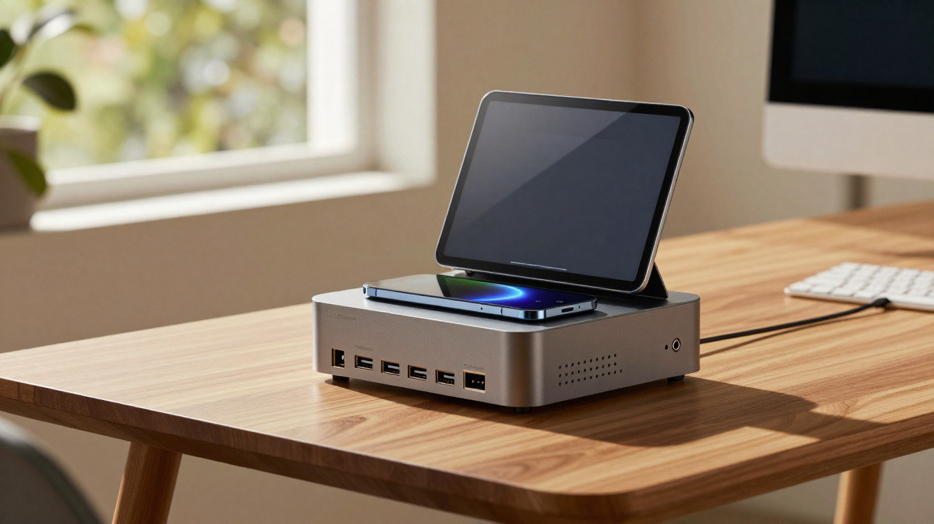 Base de carregamento com celular e tablet sobre mesa de madeira em escritório iluminado natural.